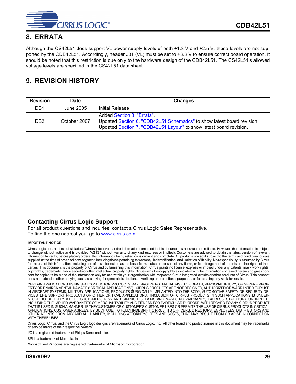 Errata, Revision history, Errata 9. revision history | Contacting cirrus logic support | Cirrus Logic CDB42L51 User Manual | Page 29 / 29