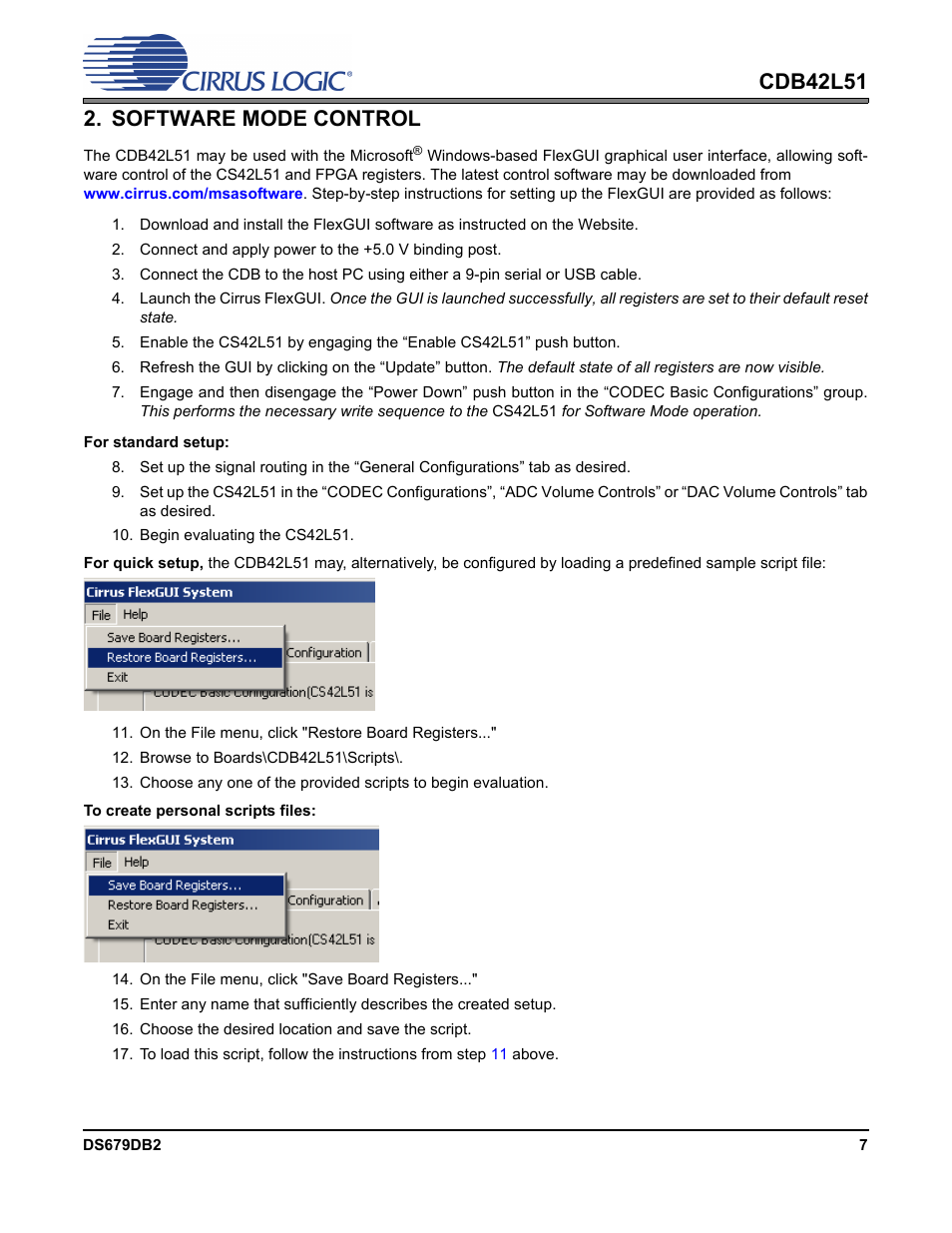 Software mode control, Section 2. “software mode control, Section 2. “software | Ntrol, Section 2. “software mode con | Cirrus Logic CDB42L51 User Manual | Page 7 / 29