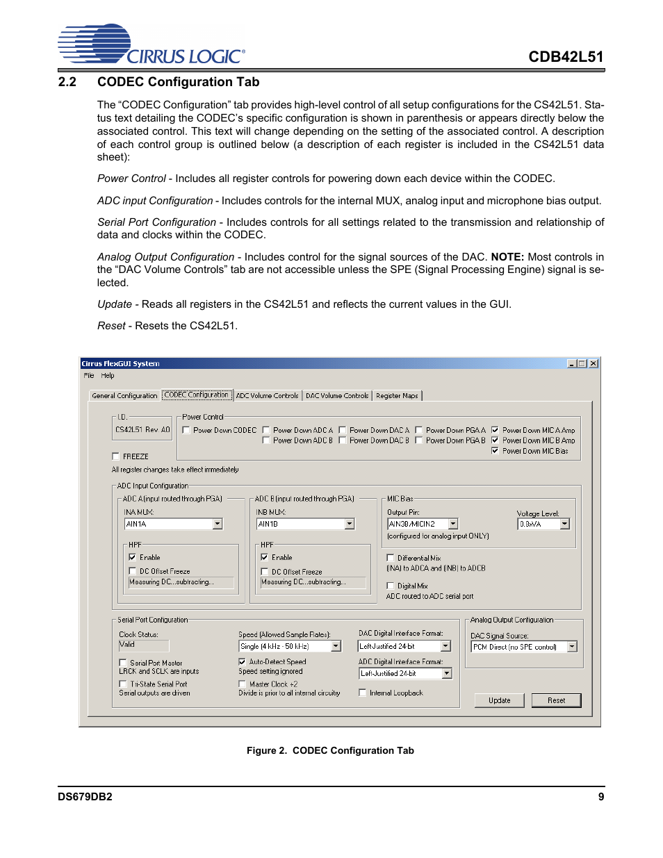 2 codec configuration tab, Figure 2. codec configuration tab, Cdb42l51 | Cirrus Logic CDB42L51 User Manual | Page 9 / 29