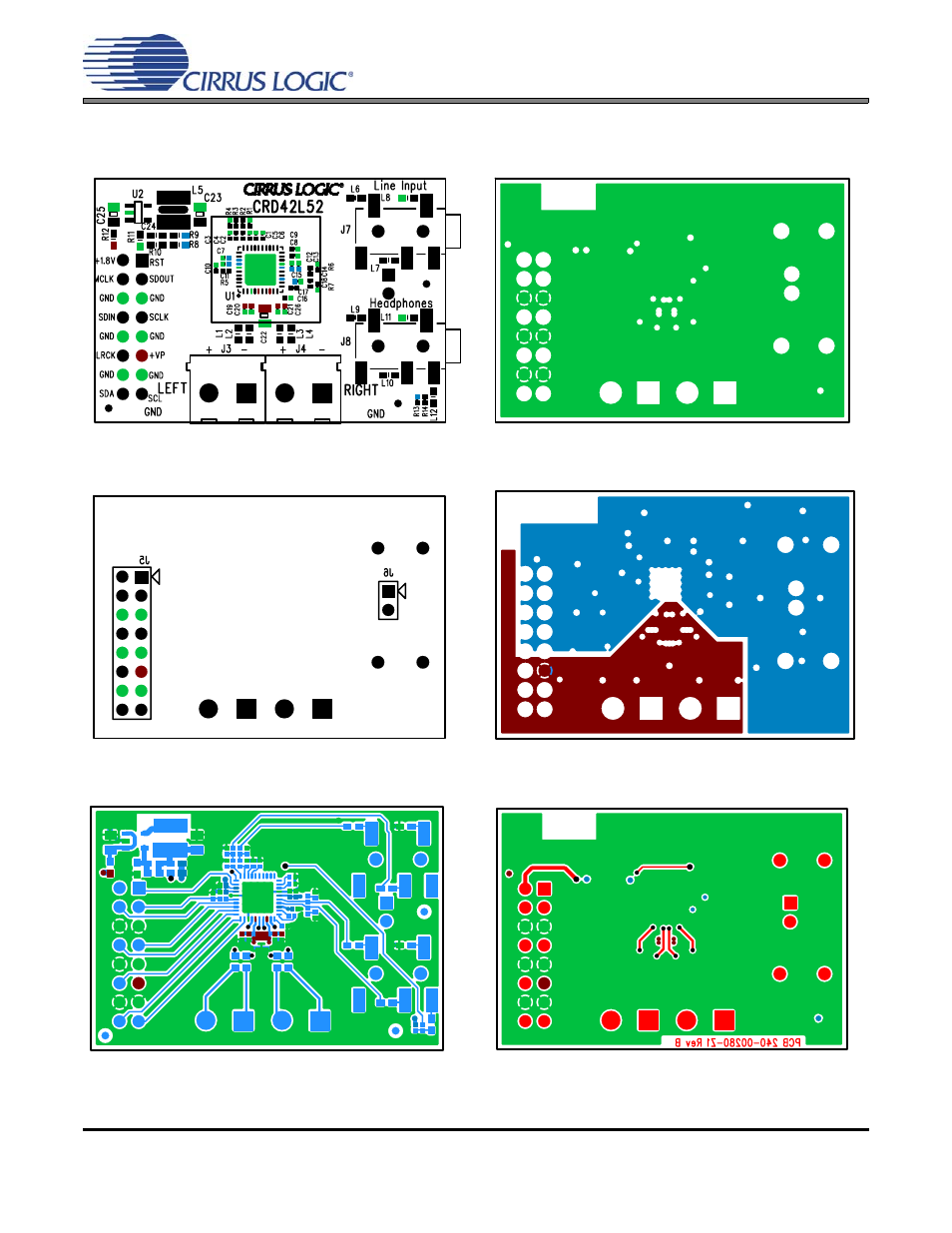 Crd42l52 layout, Figure 24. silkscreen top, Figure 25. silkscreen bottom | Figure 26. top-side layer, Figure 27. internal layer (ground plane), Figure 28. internal layer (power plane), Figure 29. bottom-side layer, Figure, Show th | Cirrus Logic CRD42L52 User Manual | Page 23 / 28