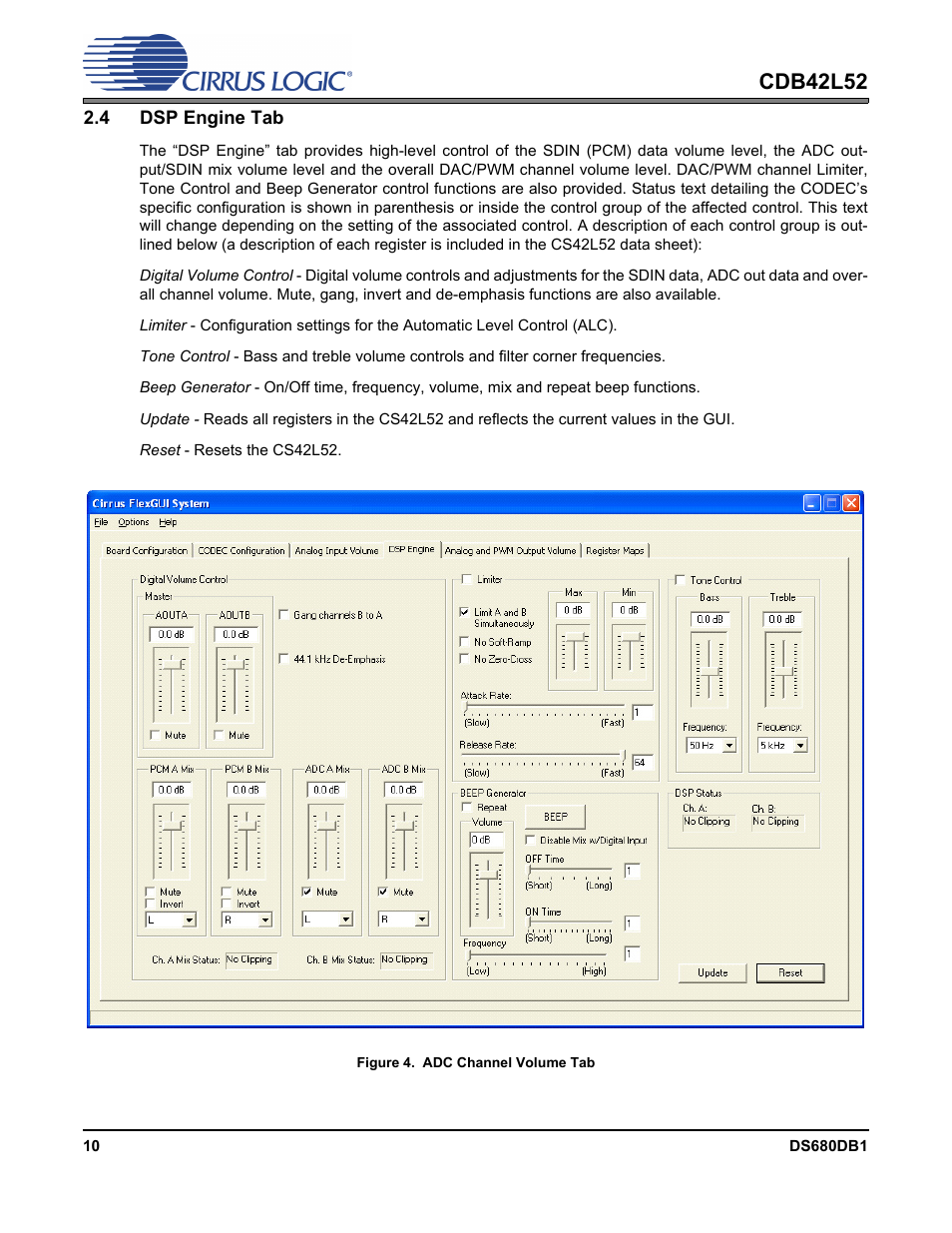 4 dsp engine tab, Figure 4. adc channel volume tab, Figure 4.adc channel volume tab | Cdb42l52 | Cirrus Logic CDB42L52 User Manual | Page 10 / 26