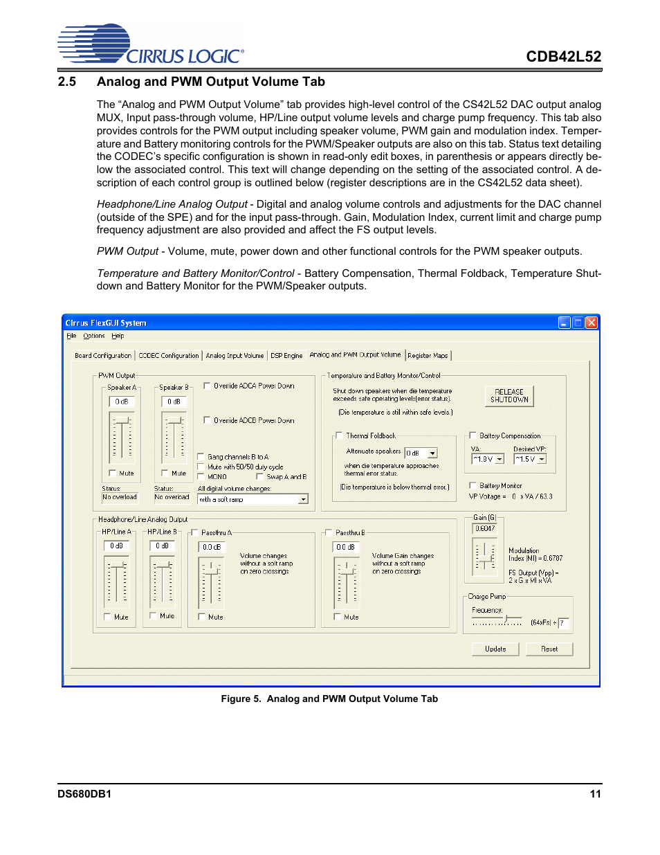 5 analog and pwm output volume tab, Figure 5. analog and pwm output volume tab, Figure 5.analog and pwm output volume tab | Section 2.5, Cdb42l52 | Cirrus Logic CDB42L52 User Manual | Page 11 / 26