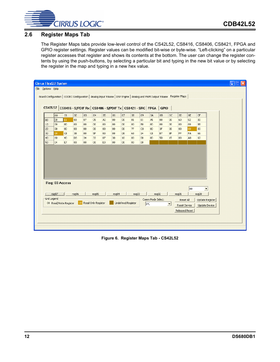 6 register maps tab, Figure 6. register maps tab - cs42l52, Figure 6.register maps tab - cs42l52 | Cdb42l52 | Cirrus Logic CDB42L52 User Manual | Page 12 / 26