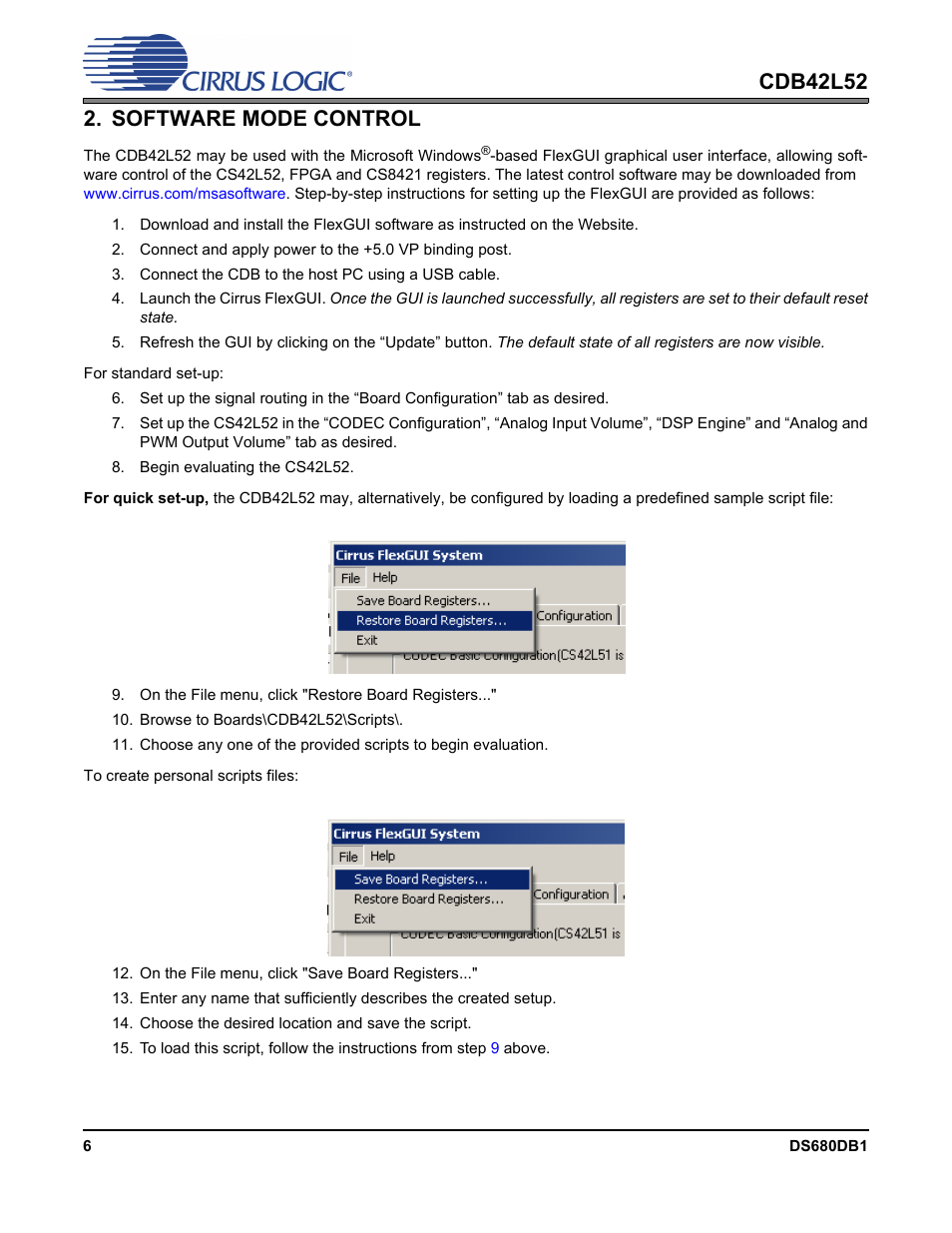 Software mode control, Section 2. “software mode control” on, Section 2. “soft | Flexgui, Section 2. “software | Cirrus Logic CDB42L52 User Manual | Page 6 / 26