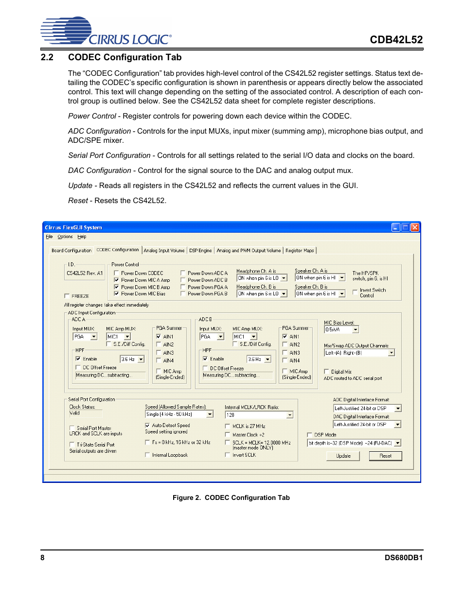 2 codec configuration tab, Figure 2. codec configuration tab, Figure 2.codec configuration tab | Section 2.2, Cdb42l52 | Cirrus Logic CDB42L52 User Manual | Page 8 / 26