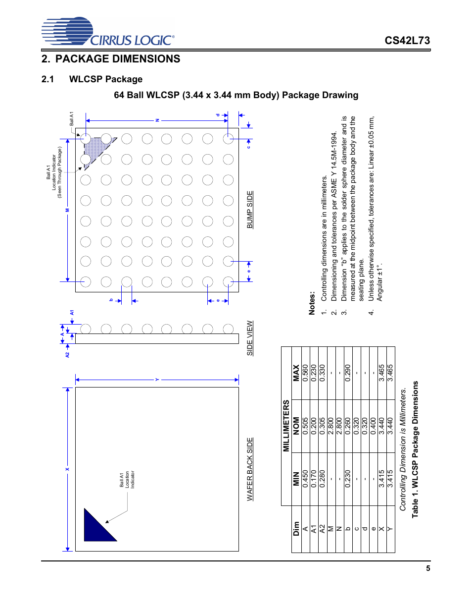 Package dimensions, 1 wlcsp package | Cirrus Logic CS42L73 User Manual | Page 5 / 7