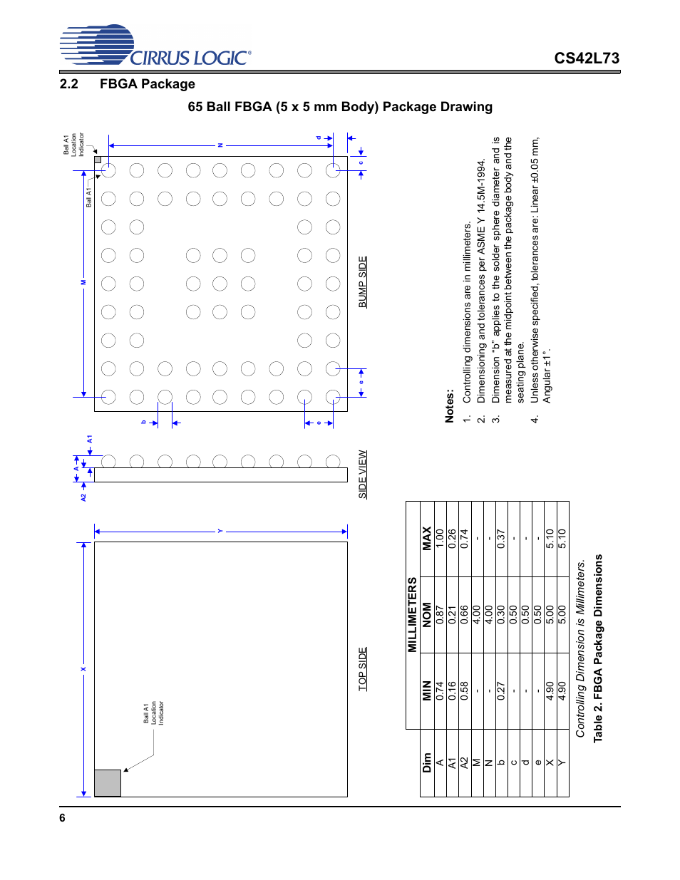2 fbga package, Cs42l73 | Cirrus Logic CS42L73 User Manual | Page 6 / 7