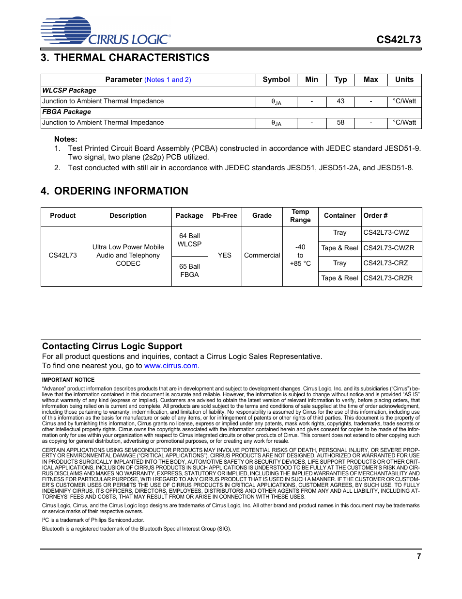 Thermal characteristics, Ordering information, Contacting cirrus logic support | Cirrus Logic CS42L73 User Manual | Page 7 / 7