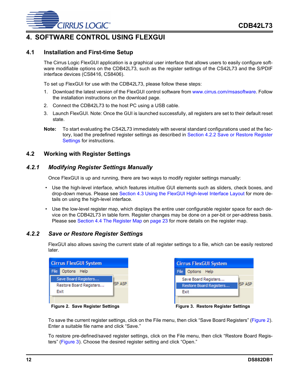 Software control using flexgui, 1 installation and first-time setup, 2 working with register settings | 1 modifying register settings manually, 2 save or restore register settings | Cirrus Logic CDB42L73 User Manual | Page 12 / 36