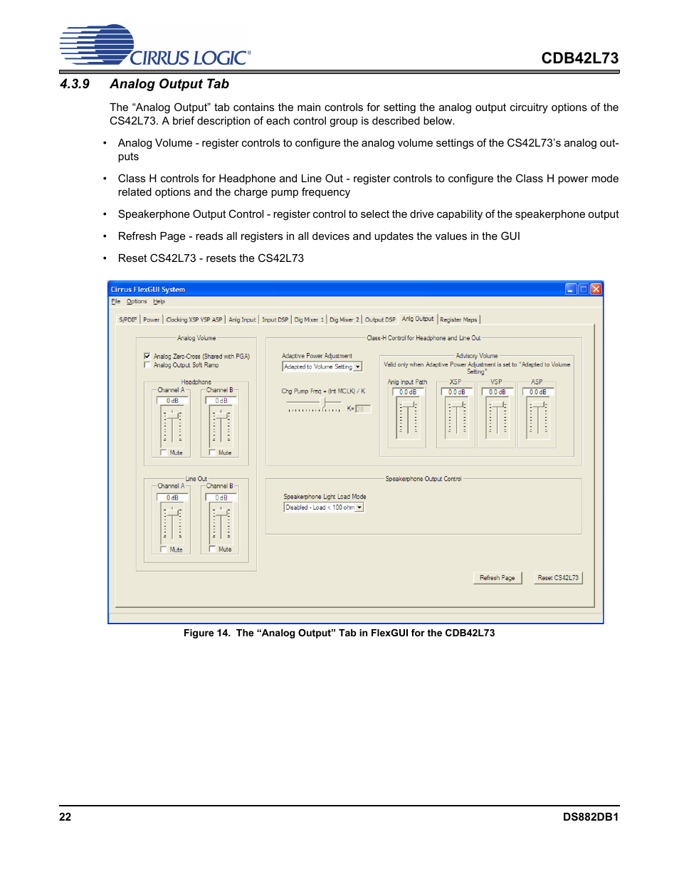 9 analog output tab, Section 4.3.9, Cdb42l73 | Cirrus Logic CDB42L73 User Manual | Page 22 / 36