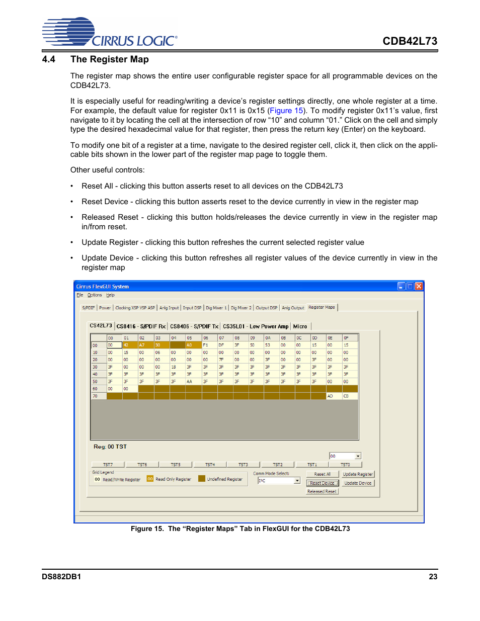 4 the register map, Please see, Section 4.4 the register map | For mo, Cdb42l73 | Cirrus Logic CDB42L73 User Manual | Page 23 / 36