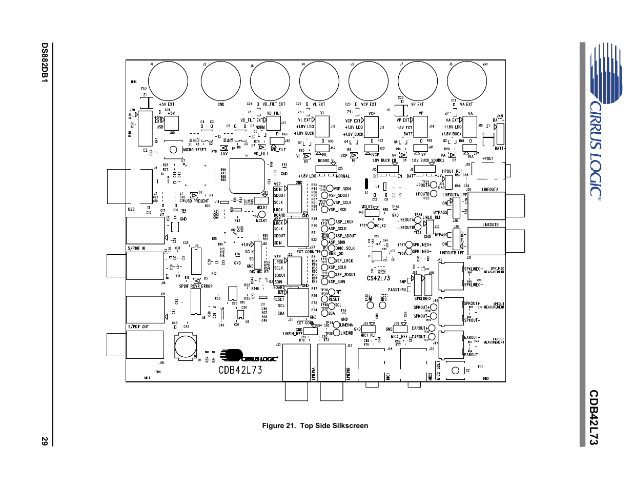 Figure 21. top side silkscreen, Cdb42l73 | Cirrus Logic CDB42L73 User Manual | Page 29 / 36