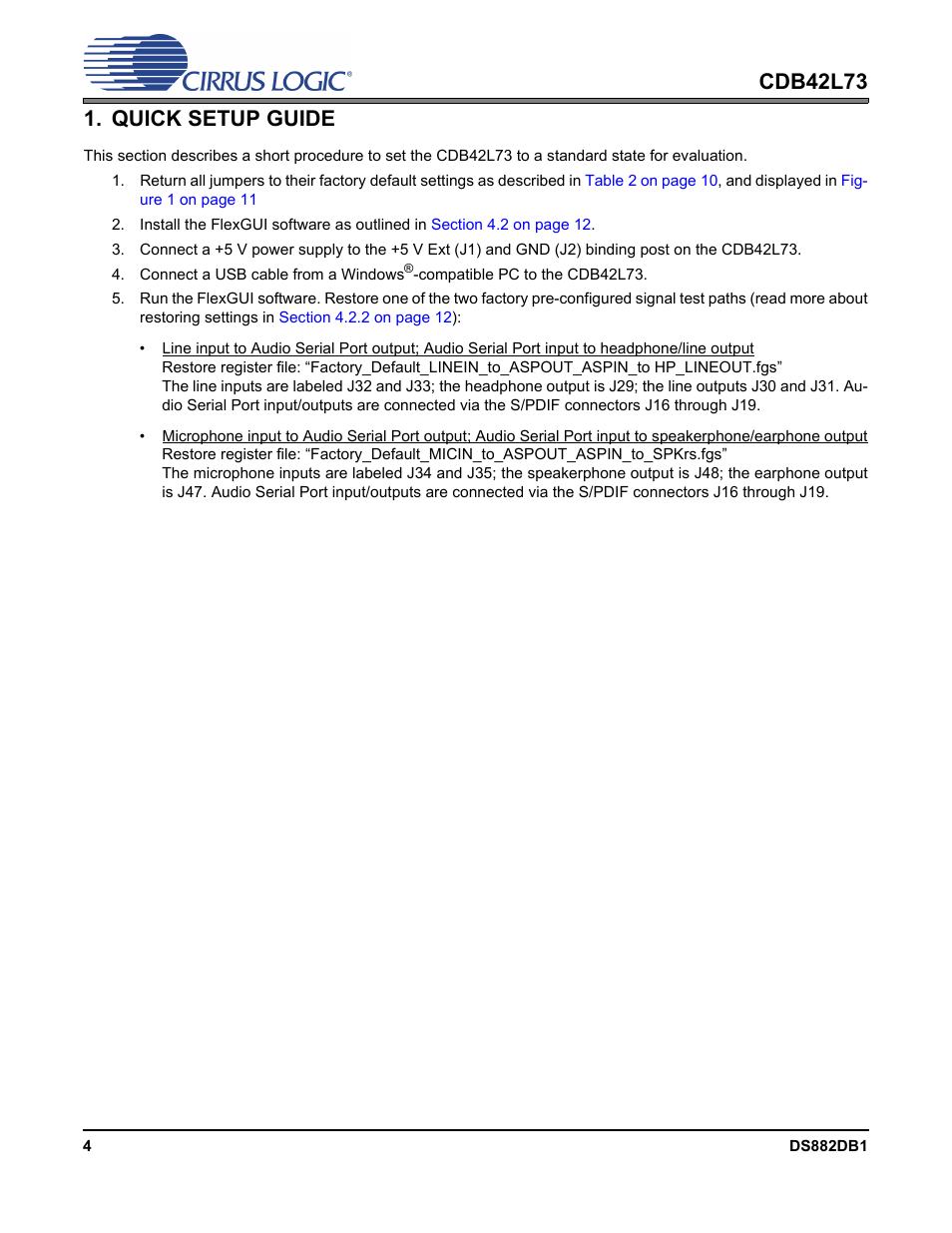 Quick setup guide | Cirrus Logic CDB42L73 User Manual | Page 4 / 36