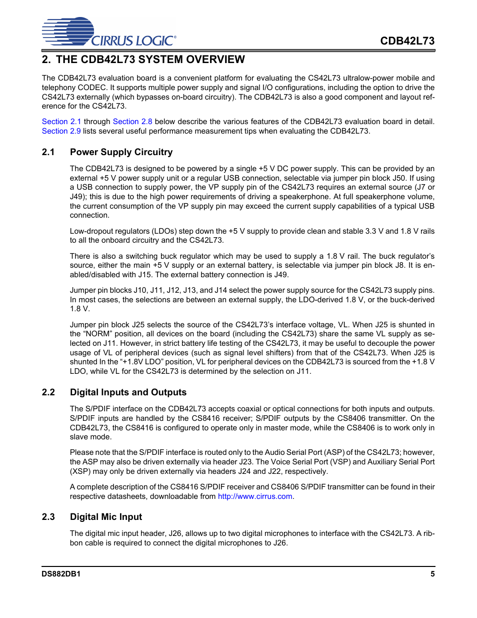 The cdb42l73 system overview, 1 power supply circuitry, 2 digital inputs and outputs | 3 digital mic input | Cirrus Logic CDB42L73 User Manual | Page 5 / 36