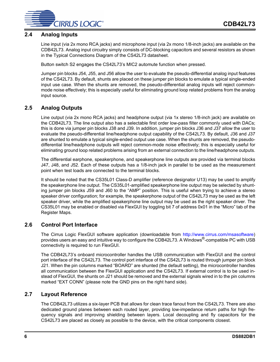 4 analog inputs, 5 analog outputs, 6 control port interface | 7 layout reference, Cdb42l73 | Cirrus Logic CDB42L73 User Manual | Page 6 / 36
