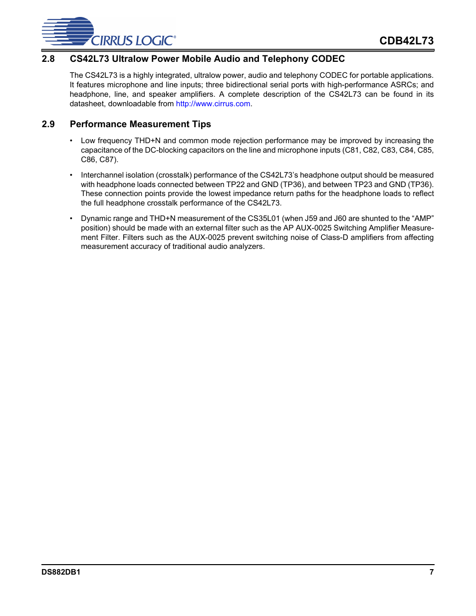 9 performance measurement tips, Section 2.8, Belo | Section 2.9, Cdb42l73 | Cirrus Logic CDB42L73 User Manual | Page 7 / 36