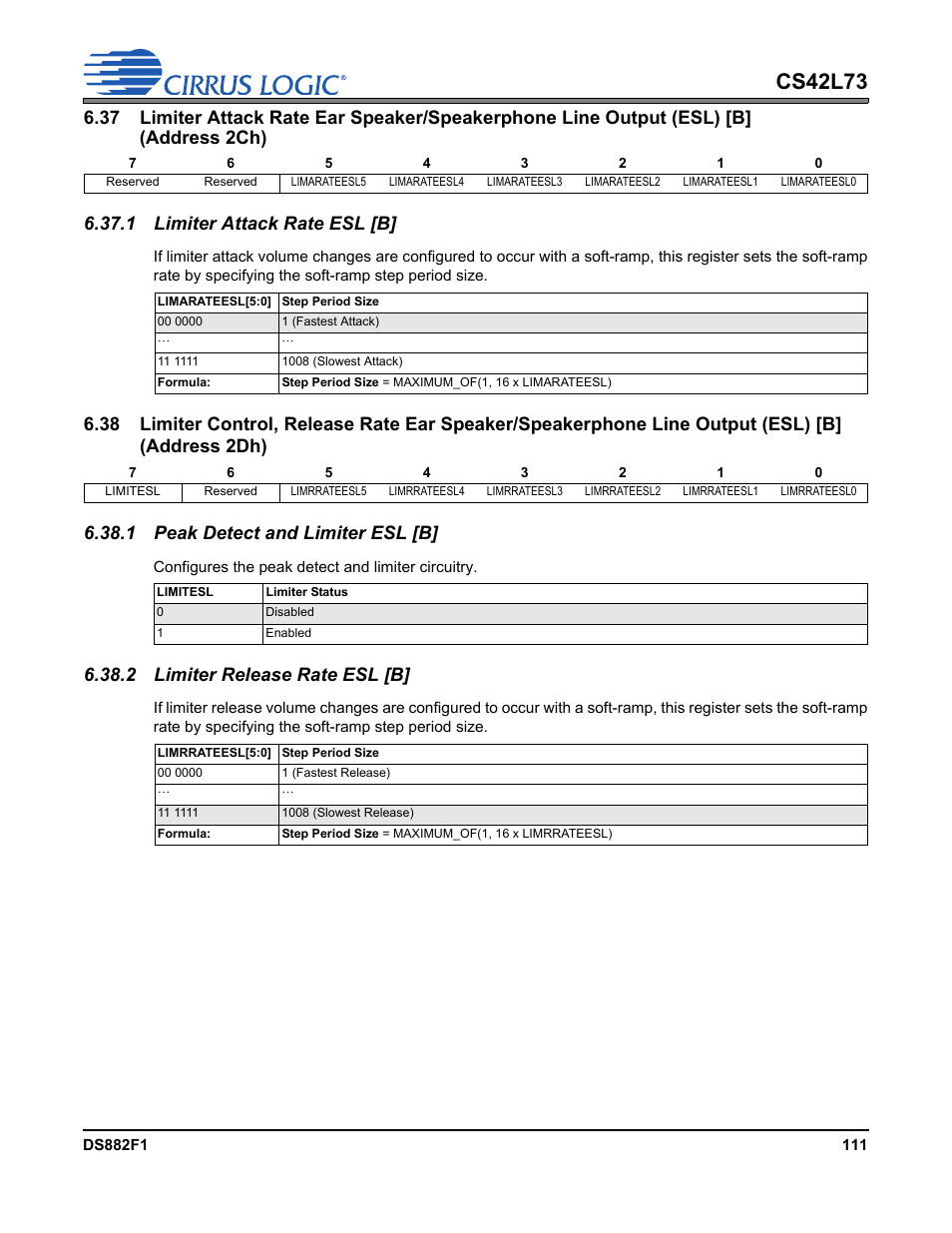 1 limiter attack rate esl [b, 1 peak detect and limiter esl [b, 2 limiter release rate esl [b | Address 2dh), P 111, Cs42l73 | Cirrus Logic CS42L73 User Manual | Page 111 / 139