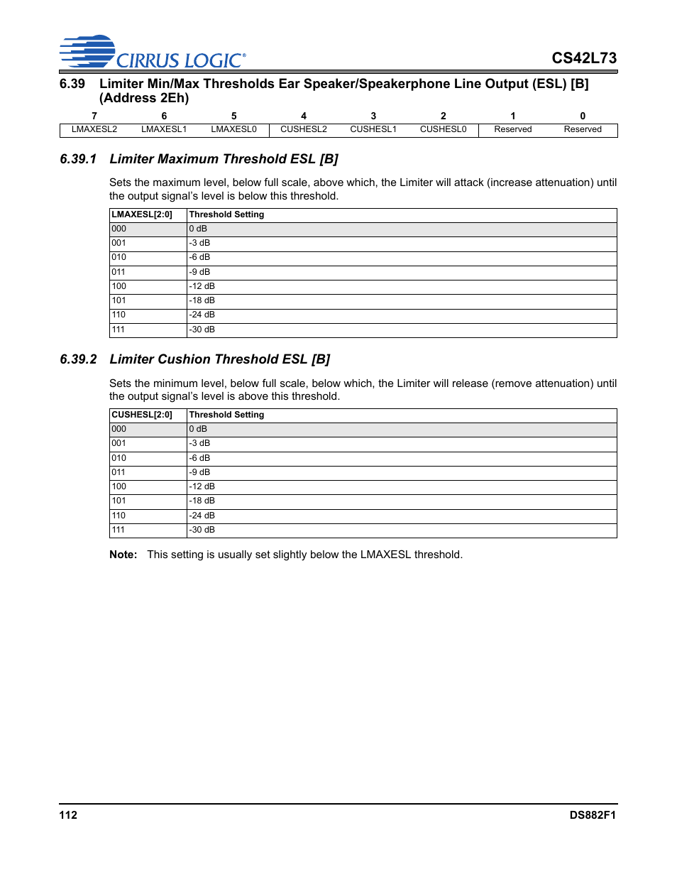 1 limiter maximum threshold esl [b, 2 limiter cushion threshold esl [b, P 112 | Cs42l73 | Cirrus Logic CS42L73 User Manual | Page 112 / 139