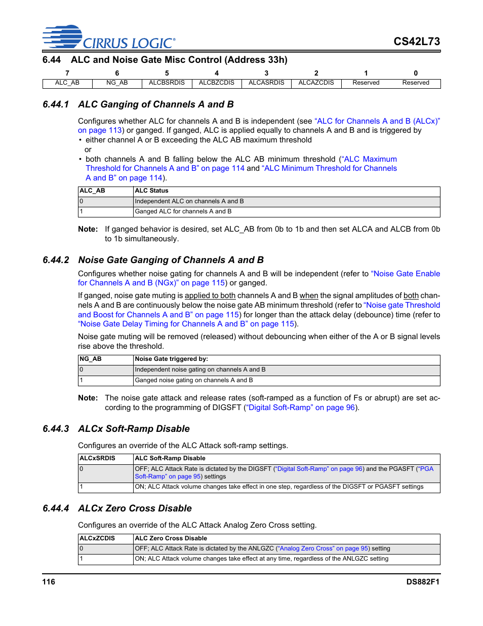 44 alc and noise gate misc control (address 33h), 1 alc ganging of channels a and b, 2 noise gate ganging of channels a and b | 3 alcx soft-ramp disable, 4 alcx zero cross disable, P 116, Alcx, Alc ganging of channels a, Alcx zero, Cs42l73 | Cirrus Logic CS42L73 User Manual | Page 116 / 139