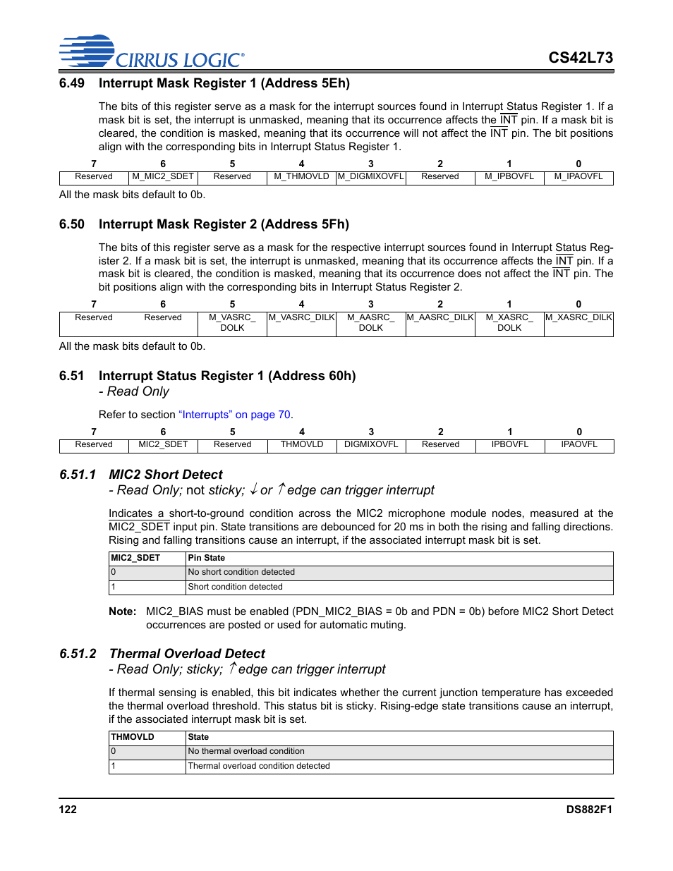 49 interrupt mask register 1 (address 5eh), 50 interrupt mask register 2 (address 5fh), 51 interrupt status register 1 (address 60h) | 1 mic2 short detect, 2 thermal overload detect, 1 mic2 short detect 6.51.2 thermal overload detect, Interrupt mask register 1, P 122, Cs42l73, 1 mic2 short detect - read only; not sticky | Cirrus Logic CS42L73 User Manual | Page 122 / 139