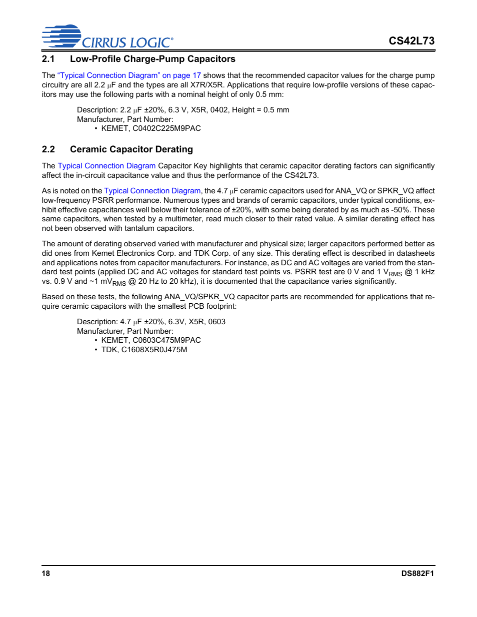 1 low-profile charge-pump capacitors, 2 ceramic capacitor derating, Cs42l73 | Cirrus Logic CS42L73 User Manual | Page 18 / 139