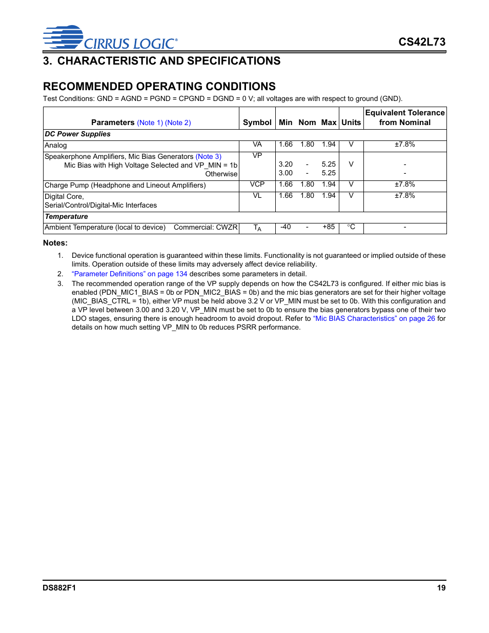 Characteristic and specifications, Recommended operating conditions, Charac | A va | Cirrus Logic CS42L73 User Manual | Page 19 / 139