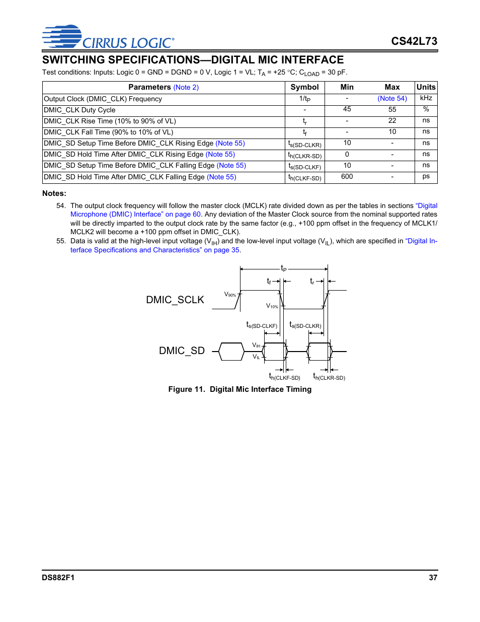 Switching specifications—digital mic interface, Figure 11.digital mic interface timing, Dmic_sclk dmic_sd | Cirrus Logic CS42L73 User Manual | Page 37 / 139