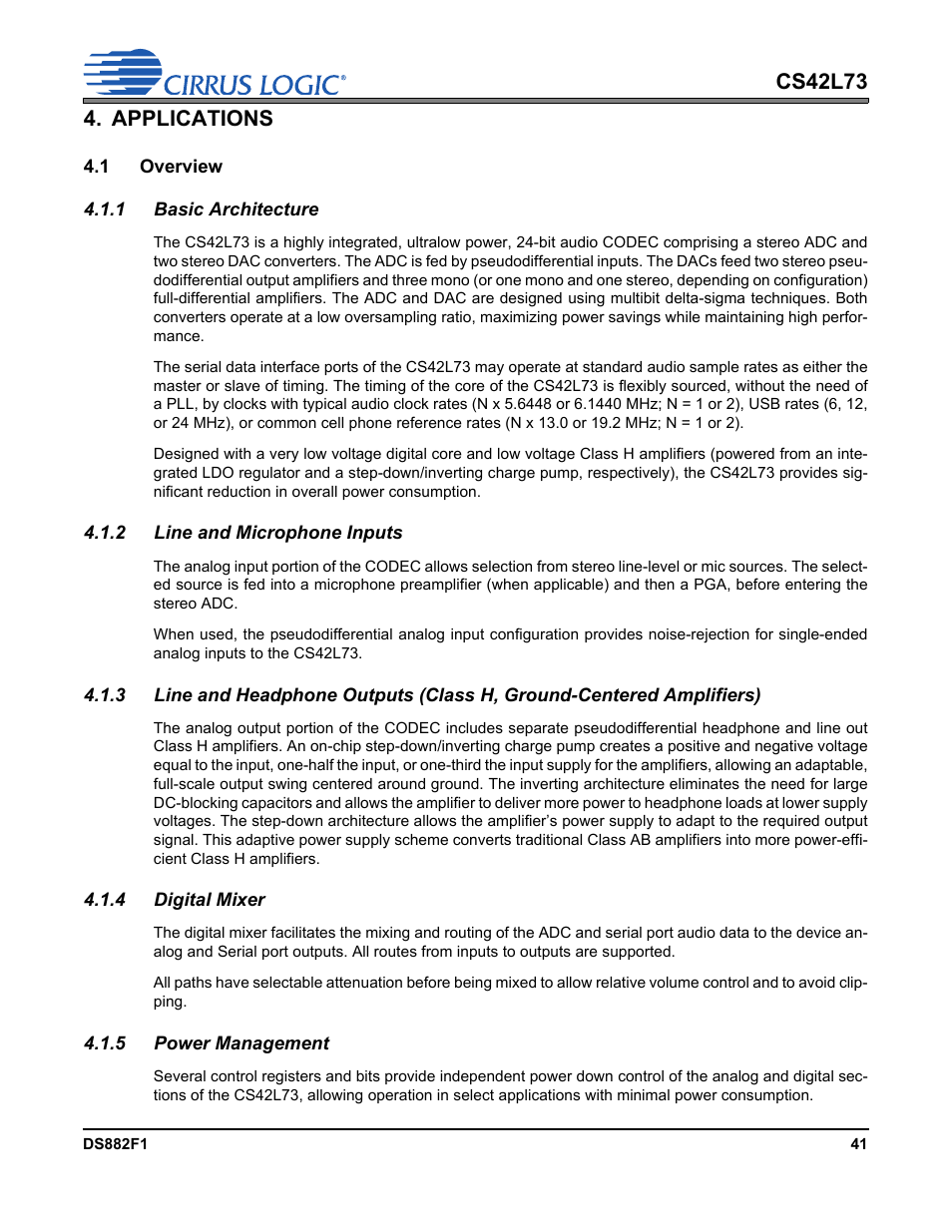 Applications, 1 overview, 1 basic architecture | 2 line and microphone inputs, 4 digital mixer, 5 power management, For a de | Cirrus Logic CS42L73 User Manual | Page 41 / 139