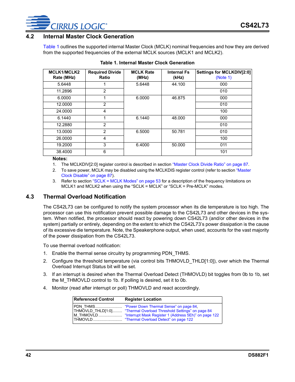 2 internal master clock generation, 3 thermal overload notification, Table 1. internal master clock generation | Cs42l73 | Cirrus Logic CS42L73 User Manual | Page 42 / 139