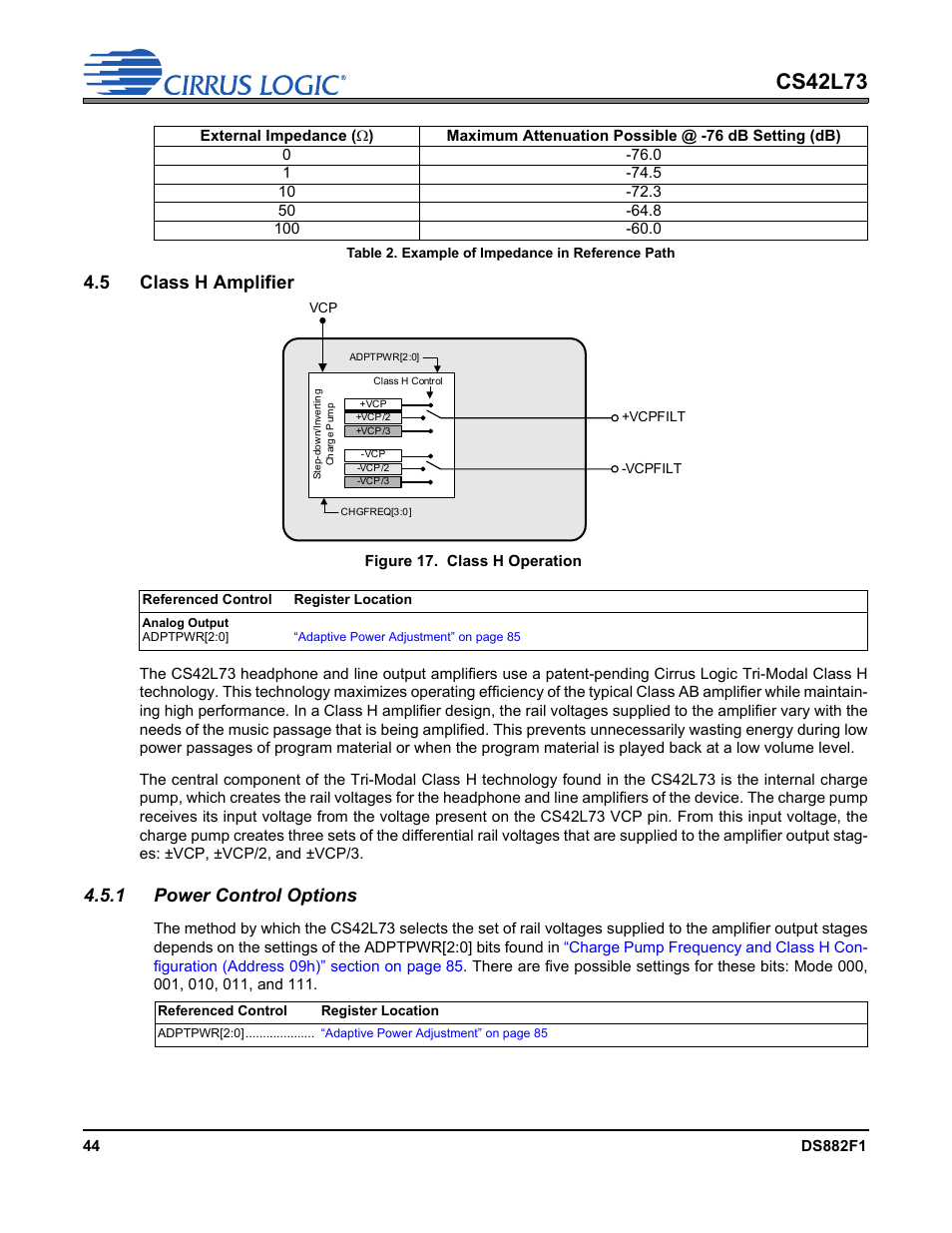 5 class h amplifier, 1 power control options, Figure 17.class h operation | Table 2. example of impedance in reference path, Table 2, Cs42l73 | Cirrus Logic CS42L73 User Manual | Page 44 / 139
