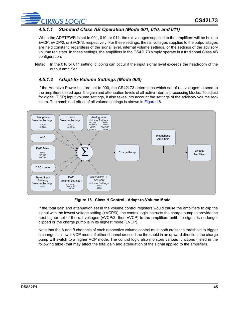 Figure 18.class h control - adapt-to-volume mode, Cs42l73, 2 adapt-to-volume settings (mode 000) | Figure 18. class h control - adapt-to-volume mode | Cirrus Logic CS42L73 User Manual | Page 45 / 139