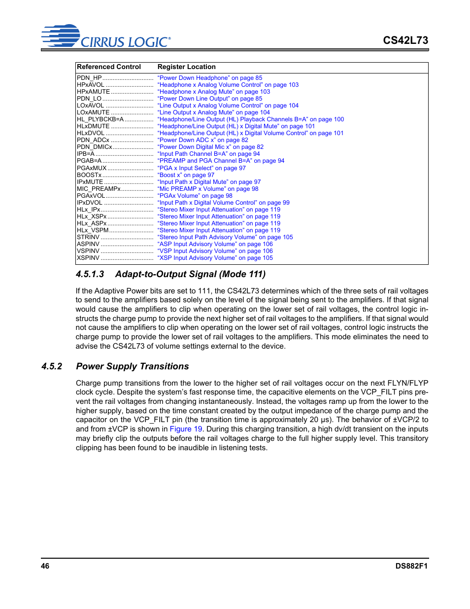 2 power supply transitions, 3 adapt-to-output signal (mode 111), Cs42l73 | Cirrus Logic CS42L73 User Manual | Page 46 / 139