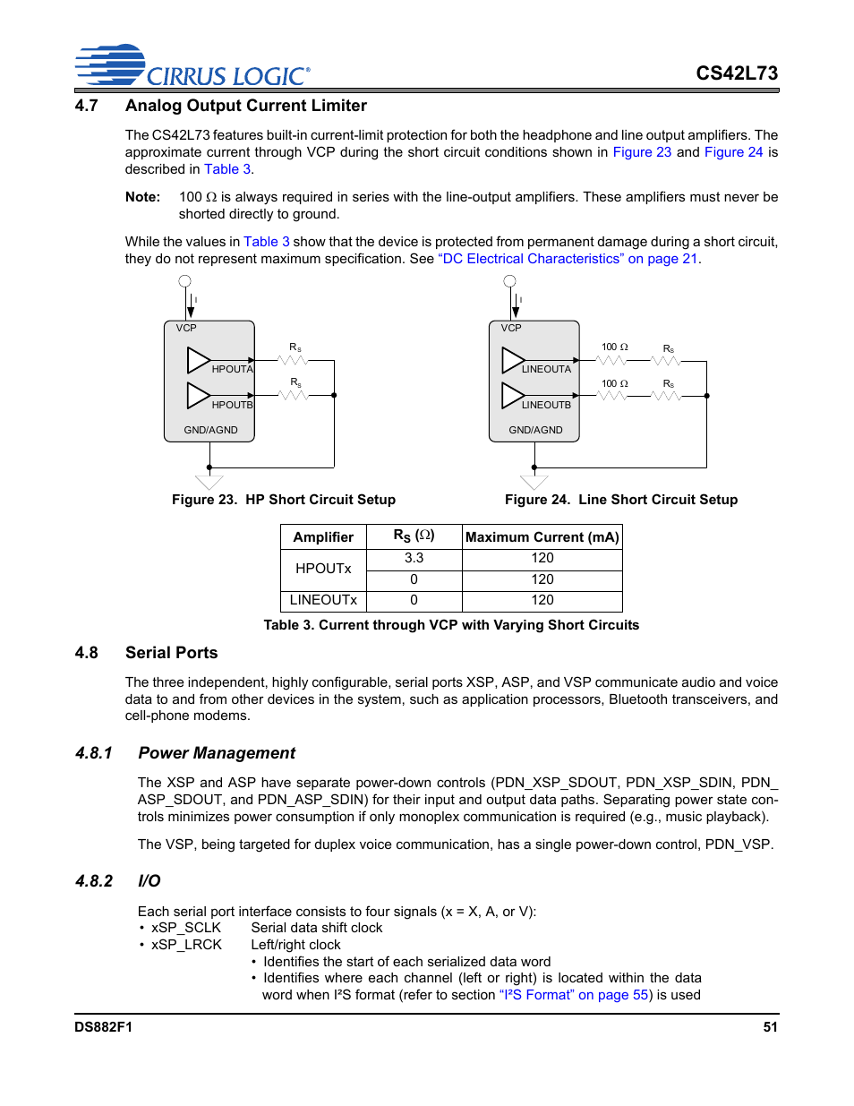 7 analog output current limiter, 8 serial ports, 1 power management | 2 i/o, 7 analog output current limiter 4.8 serial ports, 1 power management 4.8.2 i/o, Cs42l73 | Cirrus Logic CS42L73 User Manual | Page 51 / 139