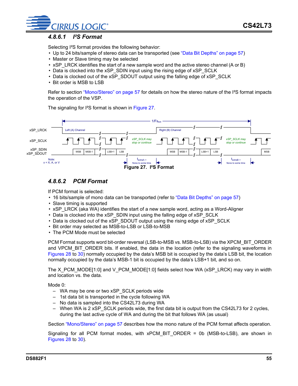 1 i²s format 4.8.6.2 pcm format, Figure 27.i²s format, Cs42l73 | 1 i²s format, 2 pcm format | Cirrus Logic CS42L73 User Manual | Page 55 / 139