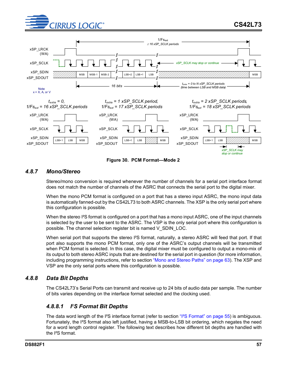 7 mono/stereo, 8 data bit depths, 7 mono/stereo 4.8.8 data bit depths | 1 i²s format bit depths, Figure 30.pcm format—mode 2, Section, Cs42l73, 1 i ² s format bit depths | Cirrus Logic CS42L73 User Manual | Page 57 / 139