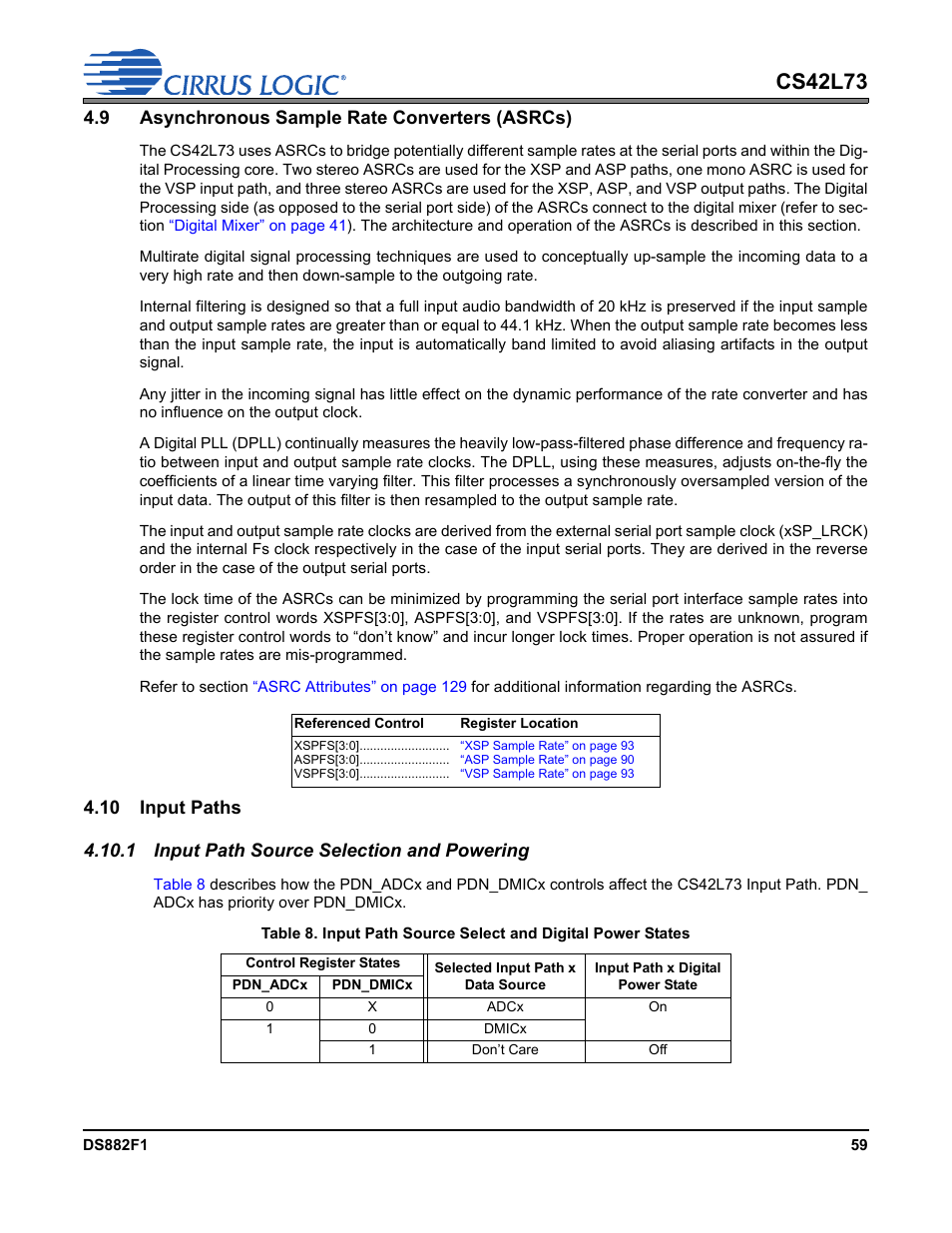 9 asynchronous sample rate converters (asrcs), 10 input paths, 1 input path source selection and powering | Cs42l73 | Cirrus Logic CS42L73 User Manual | Page 59 / 139