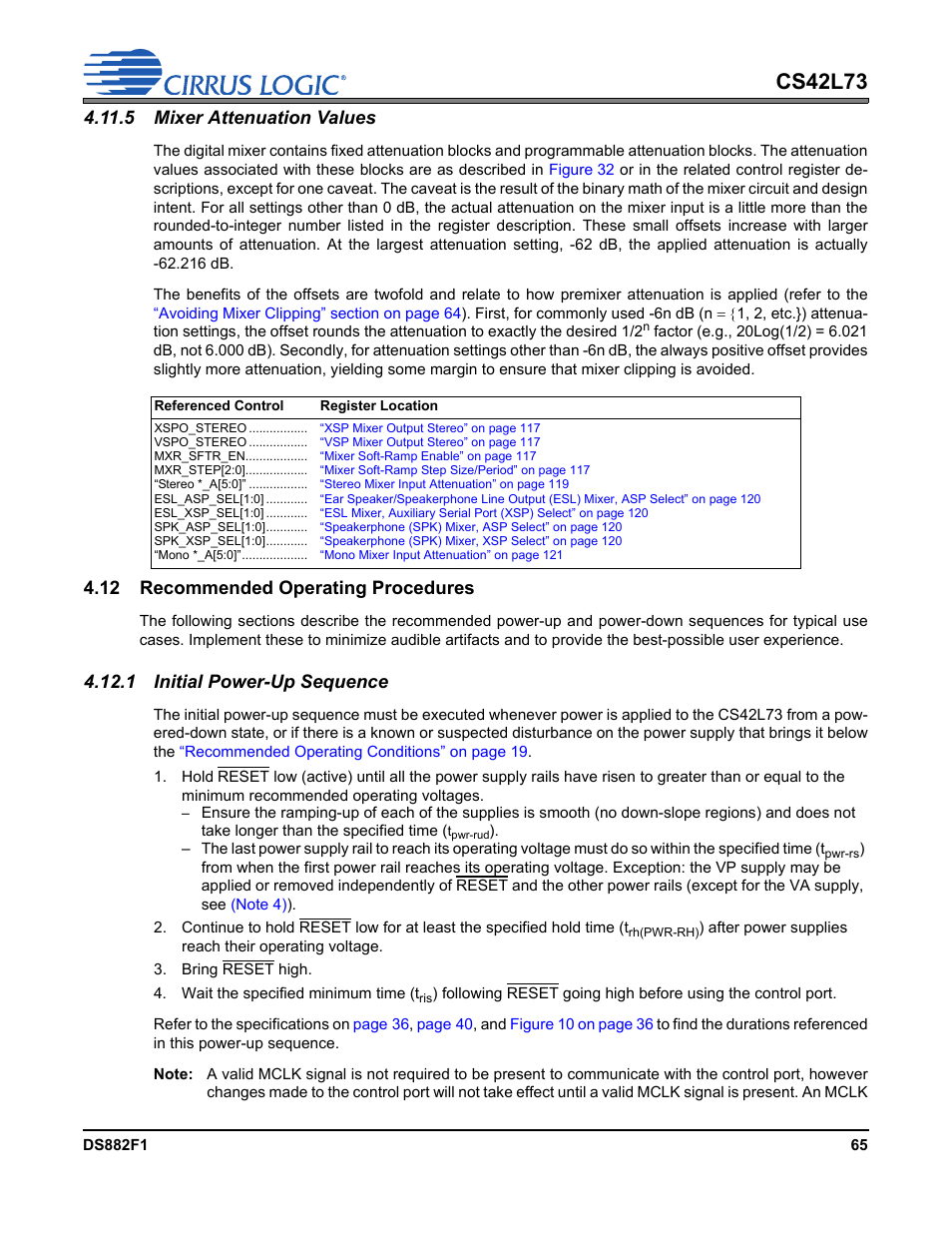 5 mixer attenuation values, 12 recommended operating procedures, 1 initial power-up sequence | Cs42l73 | Cirrus Logic CS42L73 User Manual | Page 65 / 139