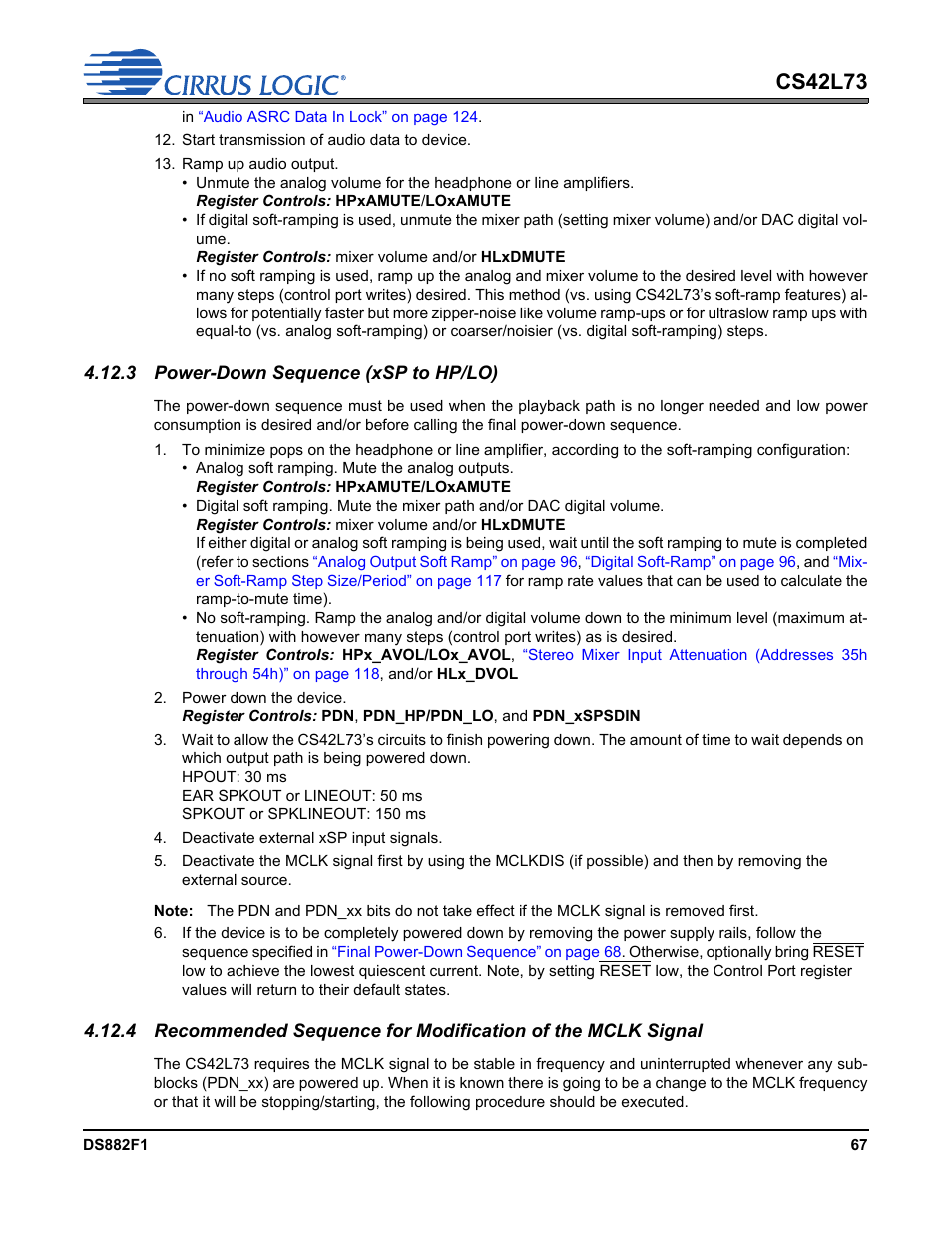 3 power-down sequence (xsp to hp/lo), Power-down, Using th | Cs42l73 | Cirrus Logic CS42L73 User Manual | Page 67 / 139