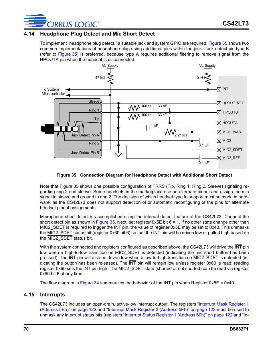 14 headphone plug detect and mic short detect, 15 interrupts, Cs42l73 | Cirrus Logic CS42L73 User Manual | Page 70 / 139