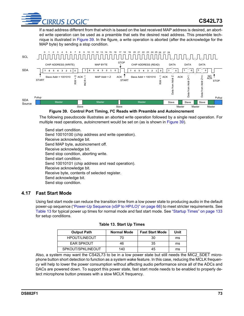 17 fast start mode, Table 13. start up times, Cs42l73 | Cirrus Logic CS42L73 User Manual | Page 73 / 139
