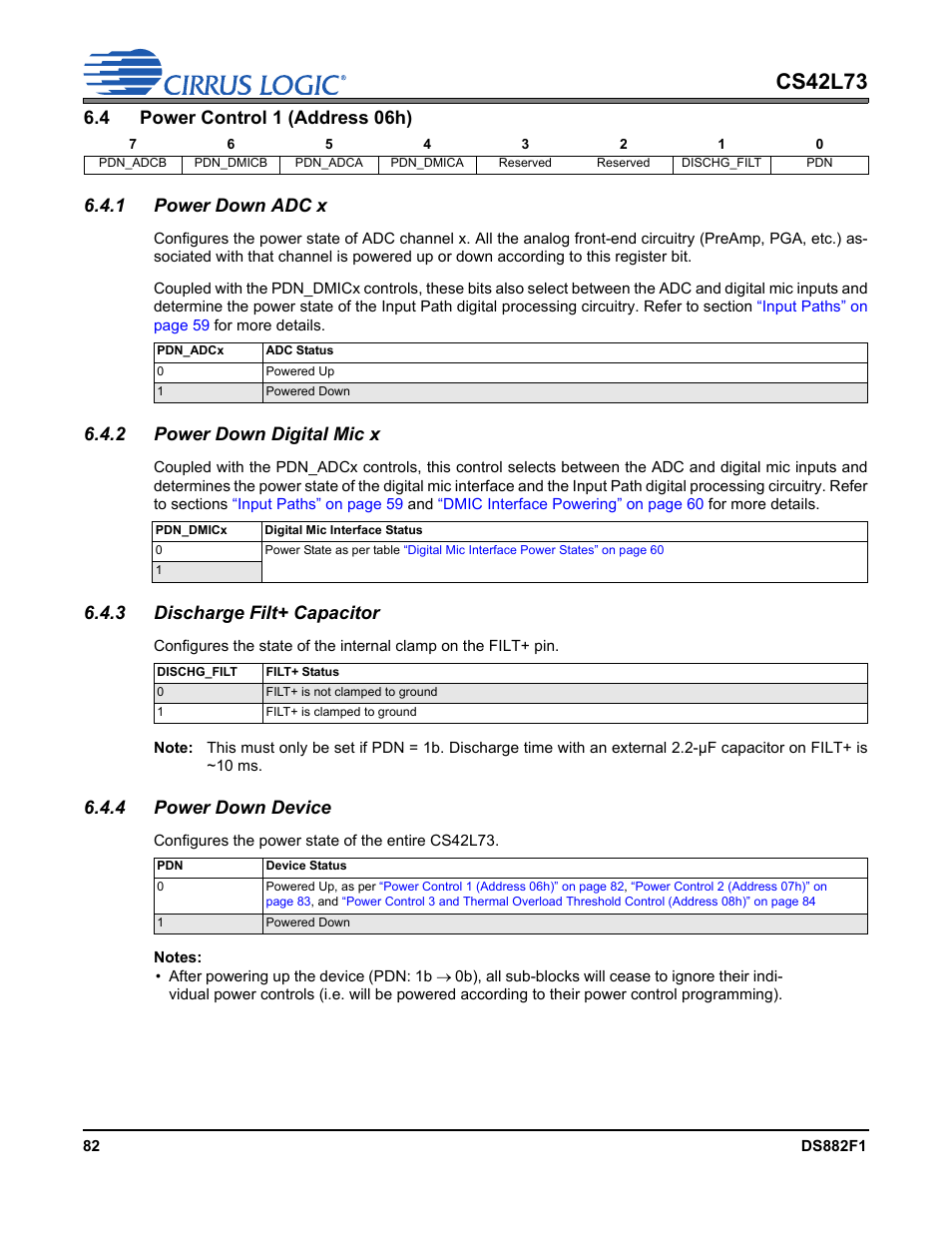 4 power control 1 (address 06h), 1 power down adc x, 2 power down digital mic x | 3 discharge filt+ capacitor, 4 power down device, Power control 1 (address 06h), P 82, Cs42l73 | Cirrus Logic CS42L73 User Manual | Page 82 / 139