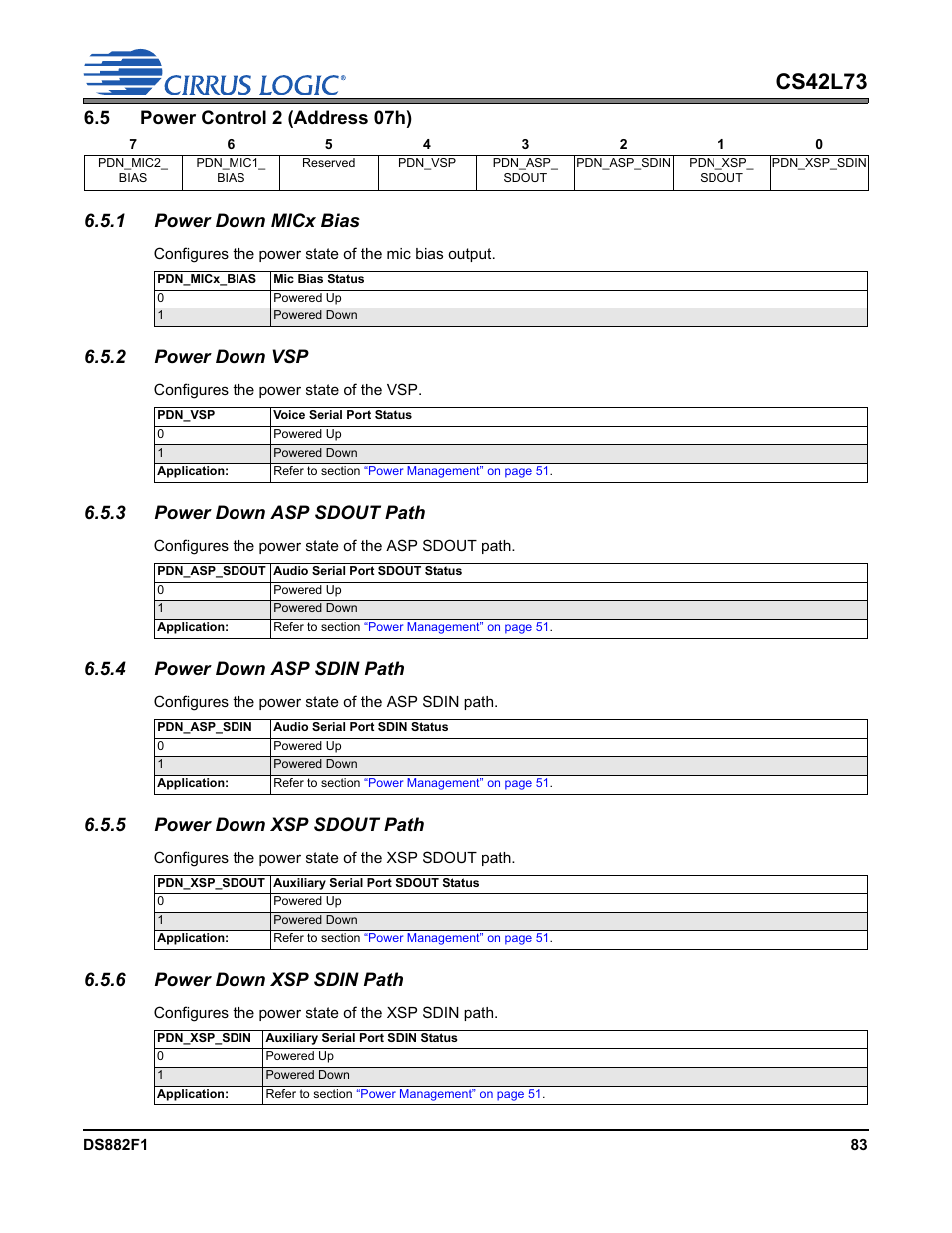 5 power control 2 (address 07h), 1 power down micx bias, 2 power down vsp | 3 power down asp sdout path, 4 power down asp sdin path, 5 power down xsp sdout path, 6 power down xsp sdin path, P 83, Power control 2 (address 07h)” on, Cs42l73 | Cirrus Logic CS42L73 User Manual | Page 83 / 139