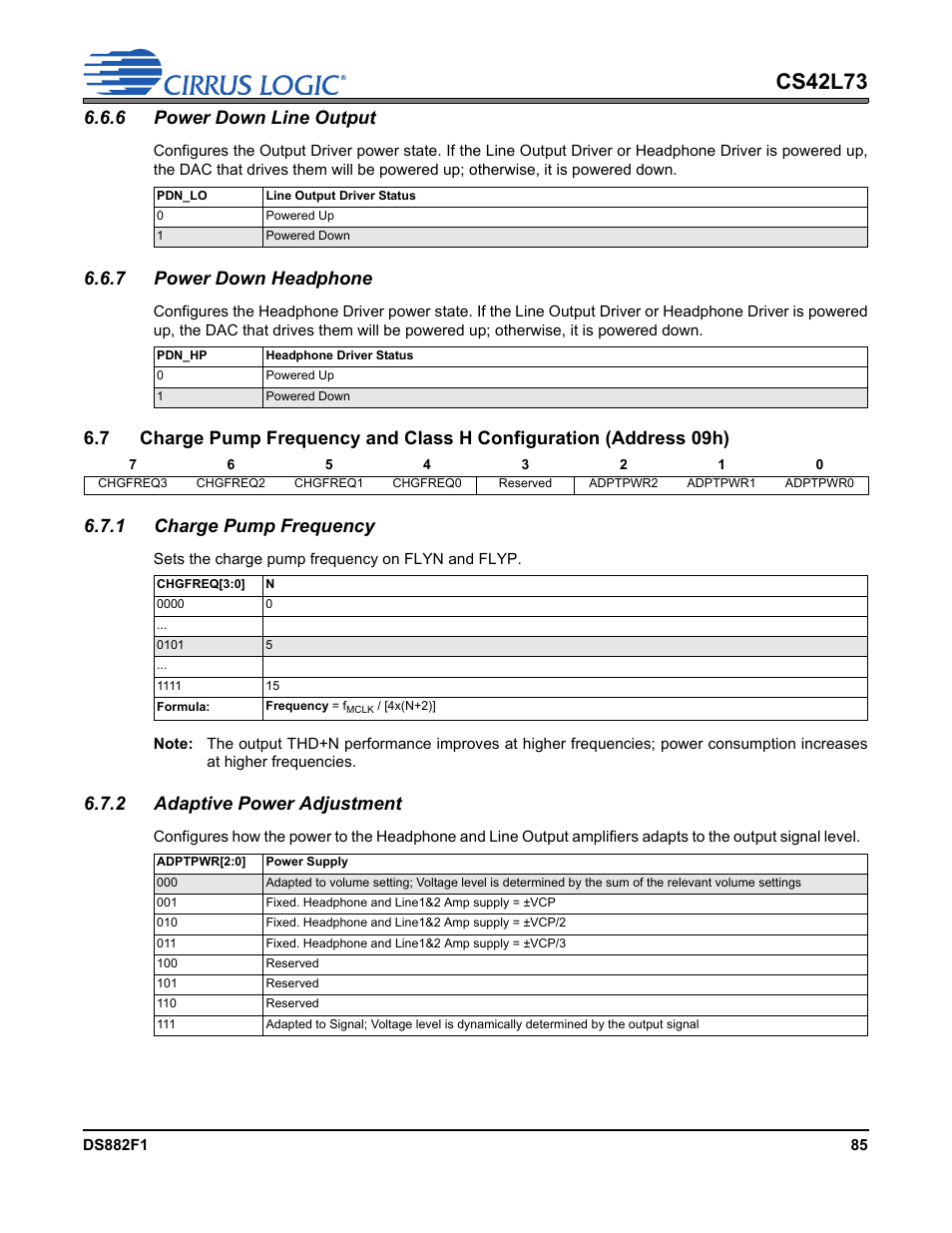 6 power down line output, 7 power down headphone, 1 charge pump frequency | 2 adaptive power adjustment, Adptpwr[2:0] bits found in, Charge pump frequency and class h con, P 85, Cs42l73 | Cirrus Logic CS42L73 User Manual | Page 85 / 139