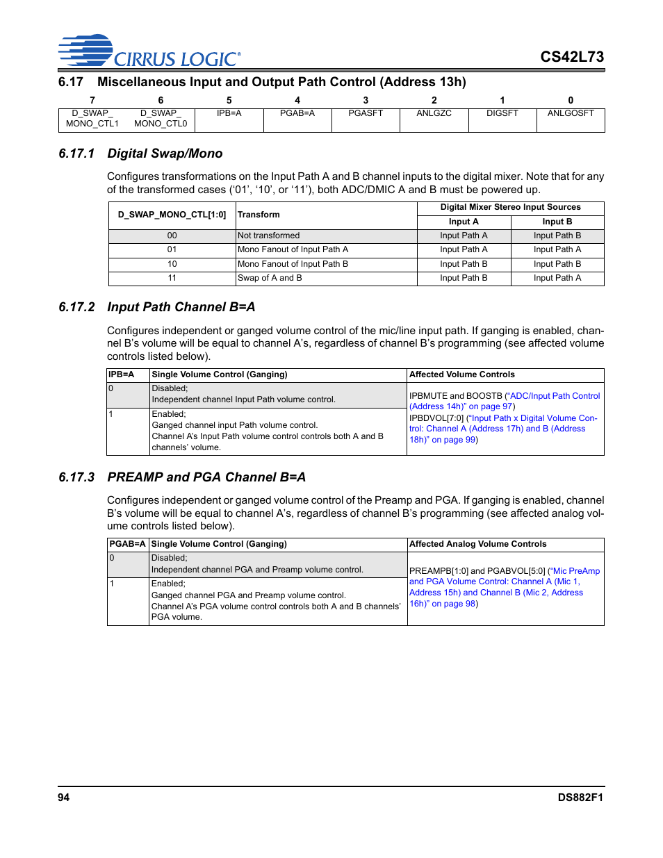 1 digital swap/mono, 2 input path channel b=a, 3 preamp and pga channel b=a | P 94, Cs42l73 | Cirrus Logic CS42L73 User Manual | Page 94 / 139