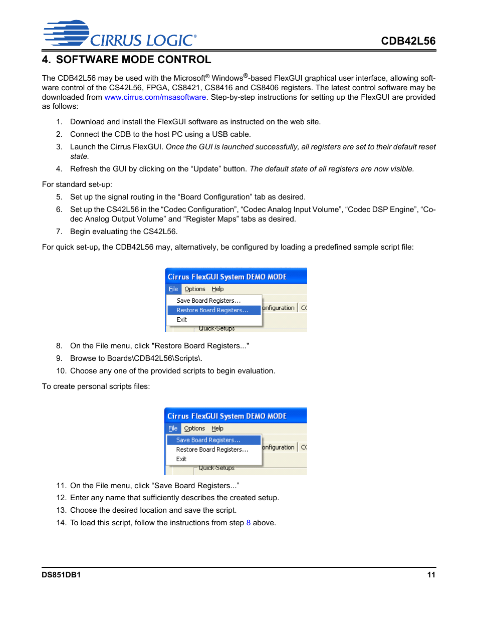 Software mode control, Fer to, Section 4. “software | Section 4. “software mode control” on, Exgui, R to, Section 4 on | Cirrus Logic CDB42L56 User Manual | Page 11 / 38