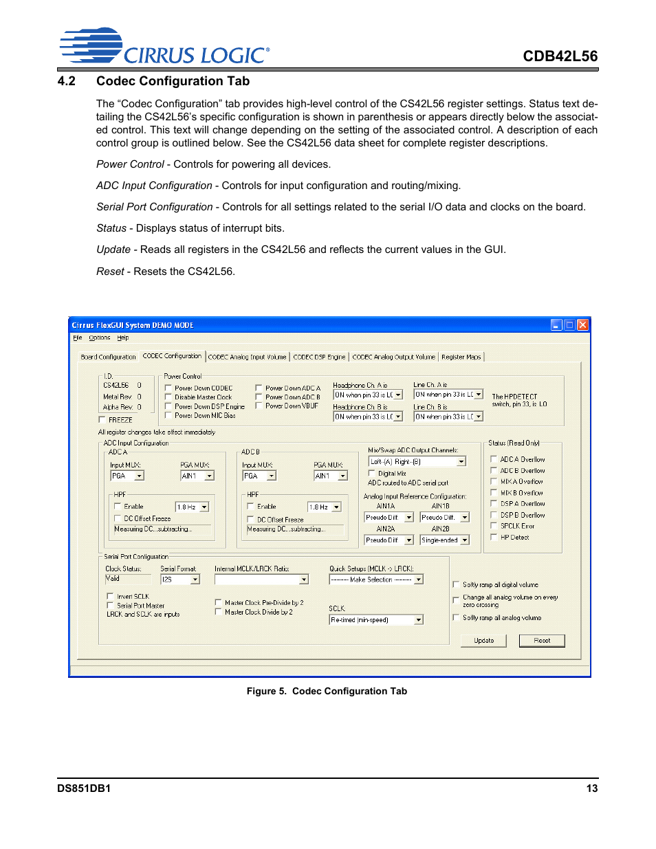 2 codec configuration tab, Figure 5. codec configuration tab, Cdb42l56 | Cirrus Logic CDB42L56 User Manual | Page 13 / 38