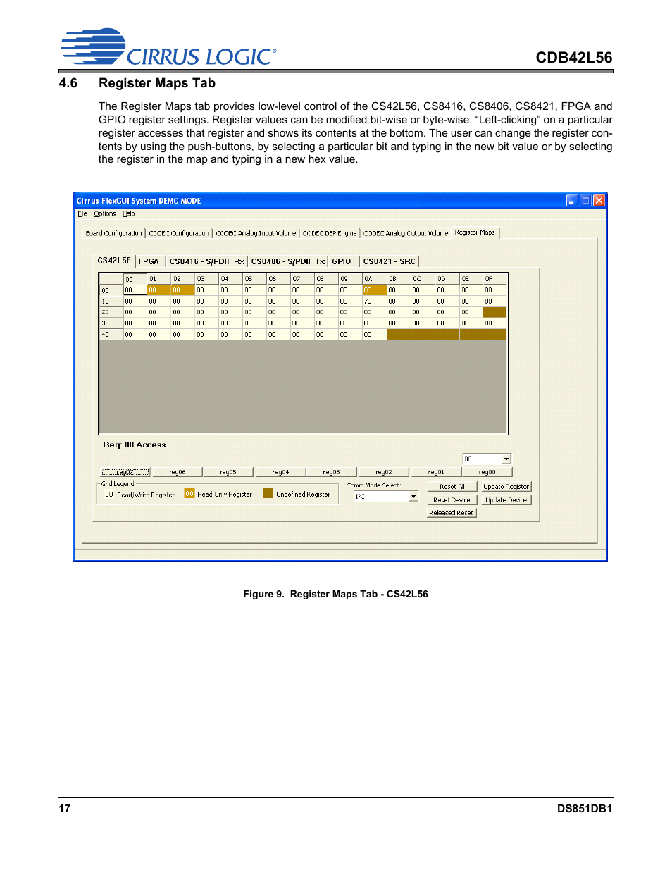 6 register maps tab, Figure 9. register maps tab - cs42l56, Cdb42l56 | Cirrus Logic CDB42L56 User Manual | Page 17 / 38