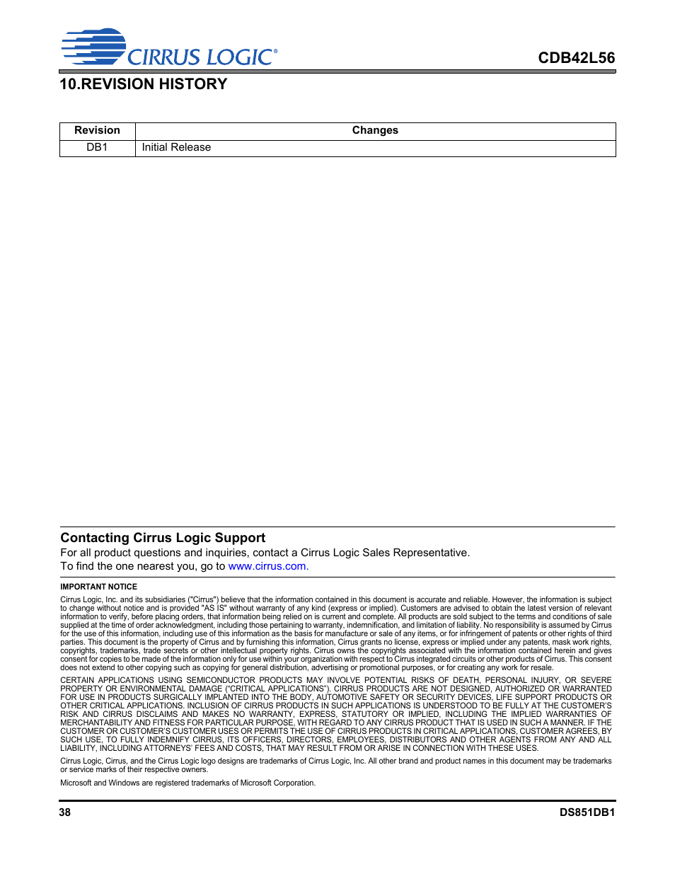 Revision history, Contacting cirrus logic support | Cirrus Logic CDB42L56 User Manual | Page 38 / 38