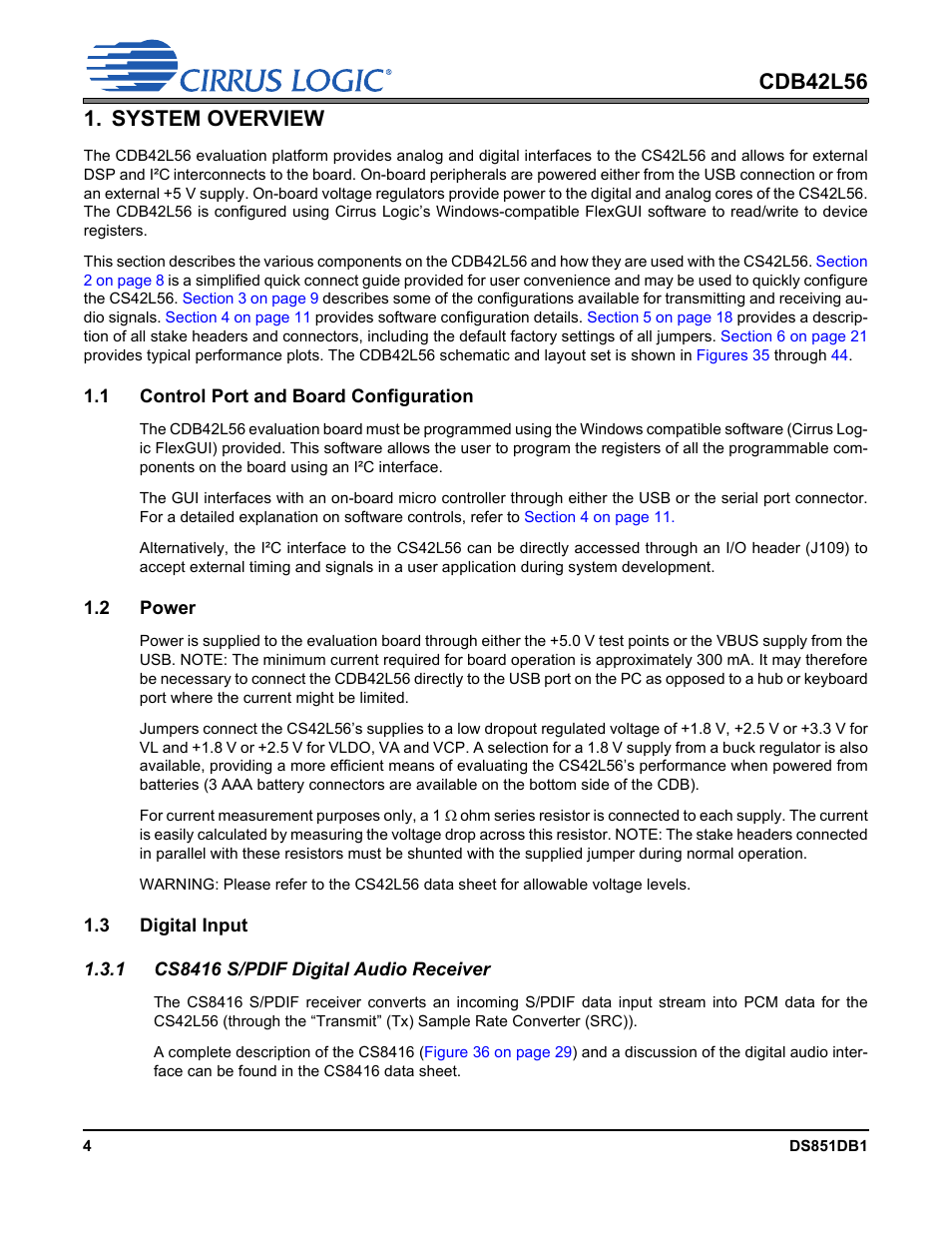 System overview, 1 control port and board configuration, 2 power | 3 digital input, 1 cs8416 s/pdif digital audio receiver | Cirrus Logic CDB42L56 User Manual | Page 4 / 38
