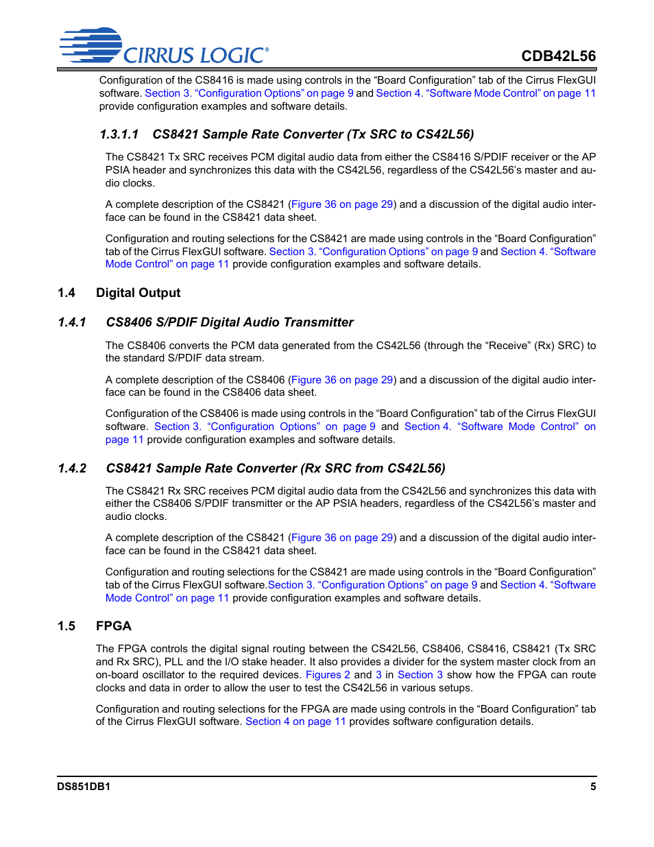 4 digital output, 1 cs8406 s/pdif digital audio transmitter, 5 fpga | 1 cs8421 sample rate converter (tx src to cs42l56), Cdb42l56 | Cirrus Logic CDB42L56 User Manual | Page 5 / 38